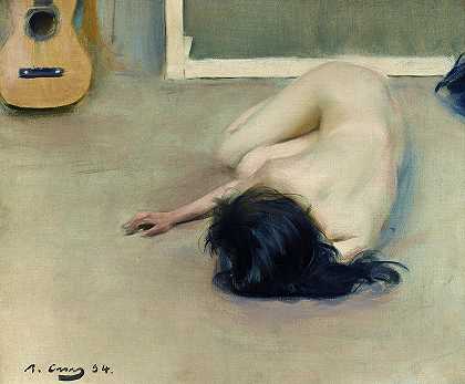 裸体吉他，1894年`Nude with a Guitar, 1894 by Ramon Casas