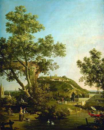带宫殿的英国风景随想曲`English Landscape Capriccio with a Palace (c. 1754) by Canaletto