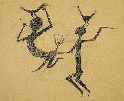 两个人拿着干草叉和鸟`Two Figures with Pitchfork and Birds by Bill Traylor