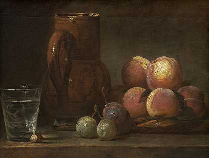 水果、水壶和玻璃杯`Fruit,Jug and a Glass (c. 1726~1728) by Jean-Baptiste-Siméon Chardin