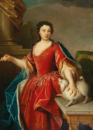 一位身穿貂皮斗篷的贵族妇女和一条狗的肖像`Portrait Of A Noblewoman In An Ermine Cloak With A Dog (18th Century) by German School