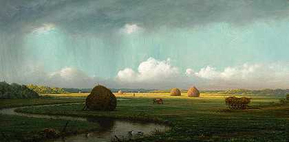 突如其来的阵雨，纽伯里沼泽，1865-1875年`Sudden Shower, Newbury Marshes, 1865-1875 by Martin Johnson Heade