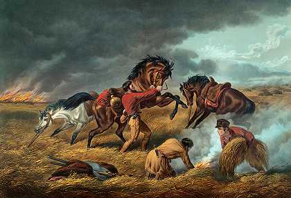 《草原上的生活》，《捕猎者的防御》，《灭火》，1862年`Life on the Prairie, The Trappers defence, Fire fight Fire, 1862 by Arthur Fitzwilliam Tait