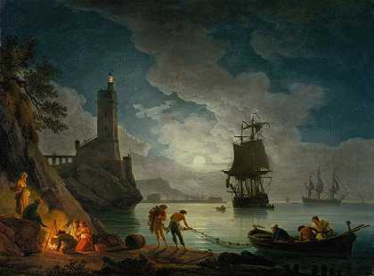 月光下的港湾`A Harbor in Moonlight (1714–1789) by Claude-Joseph Vernet