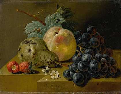静物画，在石壁上结出成熟的果实`Still Life With Ripening Fruits On A Stone Ledge (1805) by Johann Amandus Wink