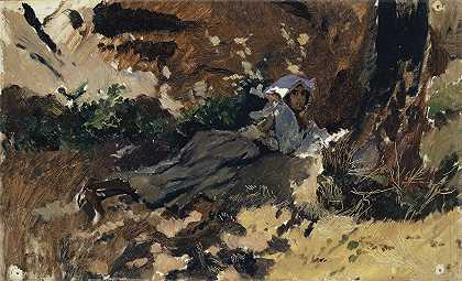 躺在树林里的年轻女子`Young Woman Lying in the Wood by Frank Buchser