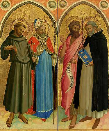 1420年，圣方济各和一位圣约翰浸信会主教和圣多米尼克`Saint Francis and a Bishop Saint, Saint John the Baptist and Saint Dominic, 1420 by Fra Angelico