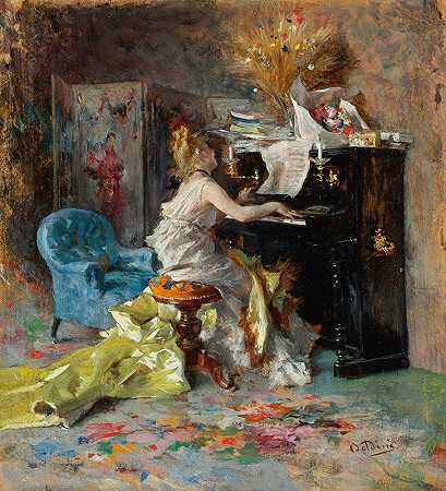 钢琴前的女人`Signora Al Pianoforte (Woman At a Piano) by Giovanni Boldini