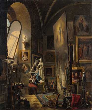 拉斐尔和他的缪斯在工作室里`Raphael and his Muse in the Atelier (1863) by Vincenzo Abbati