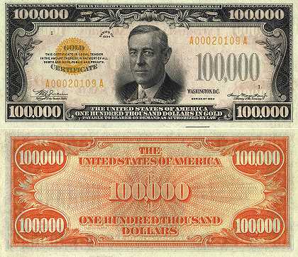 10万美元钞票，10万美元，金券`100,000 Dollar Bill, One hundred thousand Dollars, Gold Certificate by American History