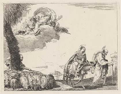 神圣家族在右边的航班`The Flight with the Holy Family at the Right (1750–1753) by Giovanni Domenico Tiepolo