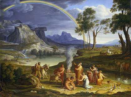 与诺亚一起风景，献上感恩之祭`Landscape with Noah, Offering a Sacrifice of Gratitude (1803) by Joseph Anton Koch