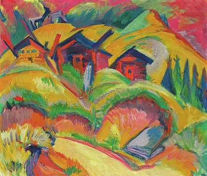 山上有三间小屋，红色小屋`Three Huts on the Hill, Red Huts by Ernst Ludwig Kirchner