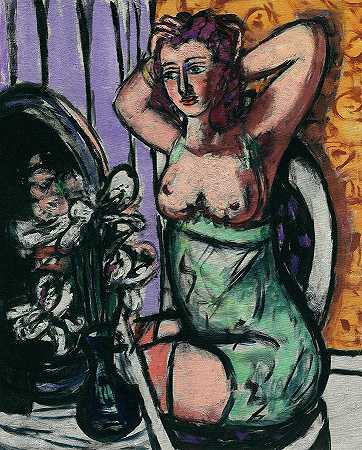 带着镜子和兰花的女人`Woman with Mirror and Orchids by Max Beckmann