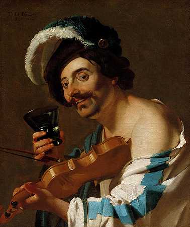 带酒杯的小提琴手，1623年`Violin Player with a Wine Glass, 1623 by Dirck van Baburen