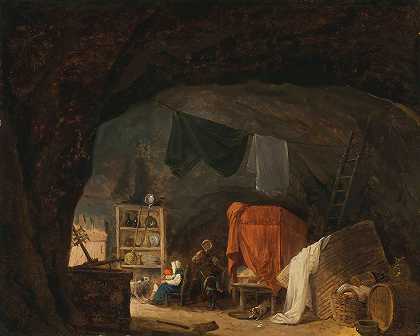 洞穴屋内的一家人`A Family In A Cave Interior (1784) by Hubert Robert
