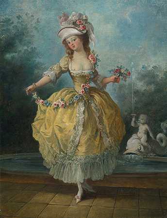 花园里的一位年轻女士，手里拿着花环`A Young Lady In A Garden, Holding A Garland Of Flowers by Jean-Frédéric Schall