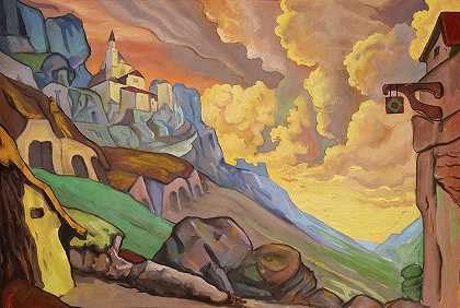 山修道院，奥维胡纳喷泉，洛普·德维加戏剧`Mountain Convent, Fuente Ovehuna a drama by Lope de Vega by Nicholas Roerich