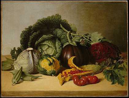 静物画、香脂苹果和蔬菜`Still Life, Balsam Apple and Vegetables (ca. 1820s) by James Peale