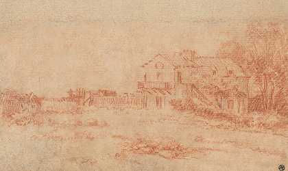 乡村别墅景观`Landscape with a Country House (ca. 1714) by Jean-Antoine Watteau
