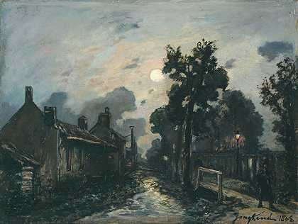 代尔夫特的一条街，晚上`Une rue à Delft, le soir (1868) by Johan Barthold Jongkind