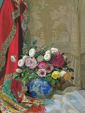 中国花瓶中的玫瑰、海葵和菊花静物画`Still life with Roses, Anemones and Chrysanthemums in a Chinese Vase by Sergei Chekhonin