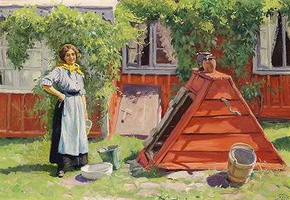一个女孩坐在一座红色瑞典木屋旁边的一口井旁`Pige ved en brønd ud for et rødmalet svensk træhus by Paul Fischer
