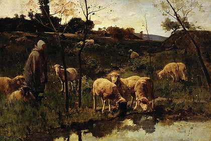《羊的风景》，皮卡迪，1850年`Landscape with Sheep, Picardy, 1850 by Harry Thompson