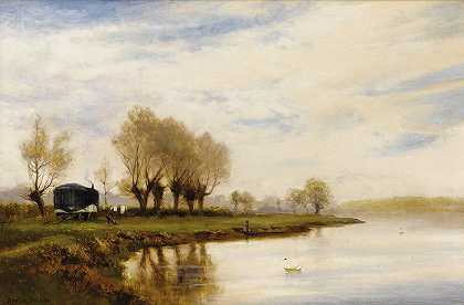 &;雾蒙蒙的早晨，Shepperton的拖道`;A Misty Morning, The Tow Path at Shepperton by Alfred de Bréanski