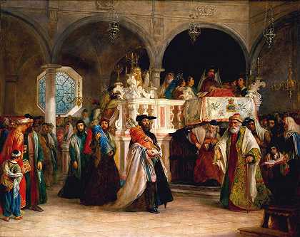 在意大利里窝恩的犹太教堂举行的法律欢乐节`The Feast of the Rejoicing of the Law at the Synagogue in Leghorn, Italy (1850) by Solomon Alexander Hart