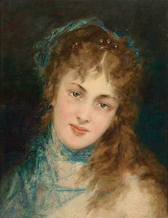 一位穿着蓝色衣服的女士的肖像`Bildnis einer Dame mit blauem Tuch (1878) by Conrad Kiesel