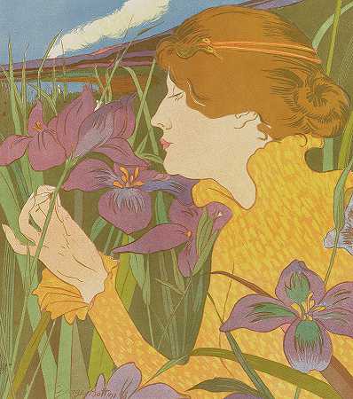 有鸢尾花的女人`Woman with Iris by Georges Alfred Bottini