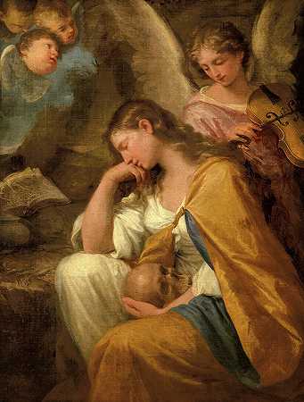 圣马利亚抹大拉与天使一起冥想`Saint Mary Magdalene in Meditation with Angels by Lorenzo Pasinelli