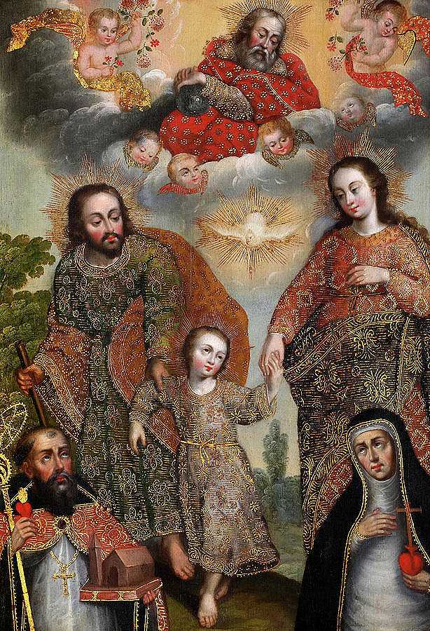 圣奥古斯丁和锡耶纳圣凯瑟琳三位一体，1700-1730年`Double Trinity with Saint Augustine and Saint Catherine of Siena, 1700-1730 by Cusco School