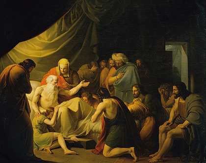 雅各祝福约瑟的儿子们`Jacob blesses the sons of Joseph (1820) by Carl Peter Goebel the Elder