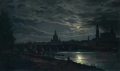 德累斯顿景观`View of Dresden by Moonlight by Moonlight by Johan Christian Dahl
