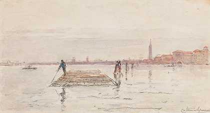从水中俯瞰威尼斯，前景是一只木筏`Gezicht op Venetië vanaf het water, met op de voorgrond in het water een houten vlot (1888) by Carel Nicolaas Storm van &;s-Gravesande