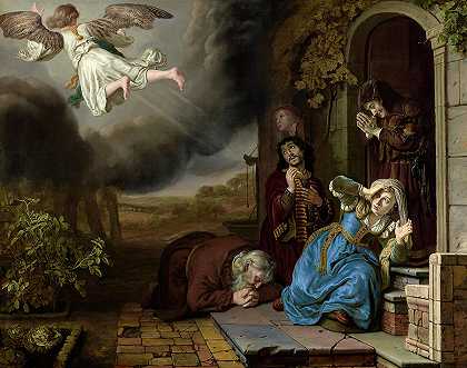 《告别托比特和他的家人的天使》，写于1649年`The Angel Taking Leave of Tobit and His Family, Painted in 1649 by Jan Victors
