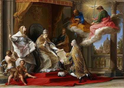教皇本笃十四世向斯坦维尔伯爵（后来的乔伊修尔公爵）介绍通谕前总括`Pope Benedict XIV Presenting the Encyclical Ex Omnibus to the Comte de Stainville, Later Duc de Choiseul (1757) by Pompeo Batoni