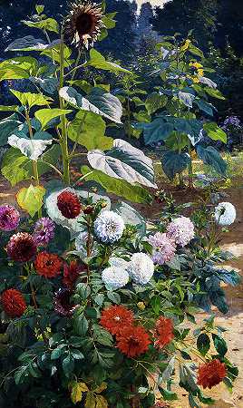 公园里有向日葵和大丽花`Park with Sunflowers and Dahlias by Henri Biva