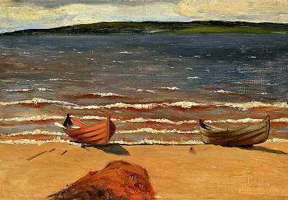 岸上的船`Boats on the Shore by Hugo Simberg