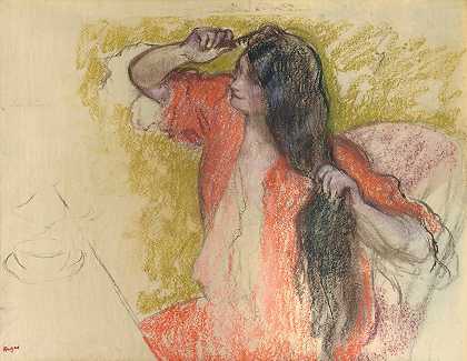 穿着红色浴袍的女人梳头`Femme En Peignoir Rouge Se Coiffant by Edgar Degas