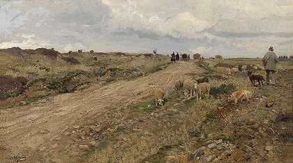 牧羊人在回家的路上`Schäfer auf dem Heimweg by Hugo Mühlig