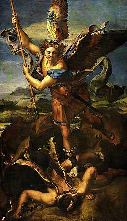 圣迈克尔战胜恶魔，1518年`Saint Michael Overwhelming the Demon, 1518 by Raphael