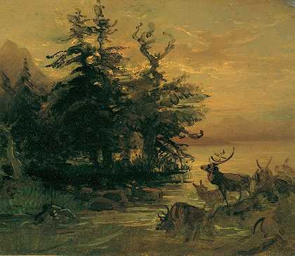 山湖岸边咆哮的鹿`Suhlende Hirsche am Ufer eines Bergsees (1850) by Friedrich August Matthias Gauermann