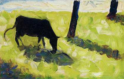 草地上的黑牛，1881年`Black Cow in a Meadow, 1881 by Georges Seurat