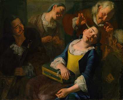 取笑熟睡的女孩`Teasing a Sleeping Girl (ca. 1760) by Gaspare Traversi