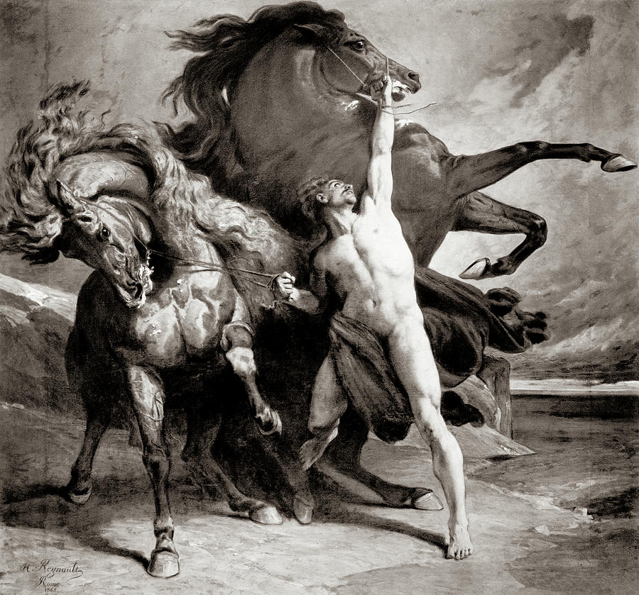 阿托梅登与阿喀琉斯的马，1843-1871年`Automedon with the Horses of Achilles, 1843-1871 by Henri Regnault