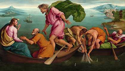 大约在1545年，奇迹般的鱼类出没`The Miraculous Draught of Fishes, circa 1545 by Jacopo Bassano