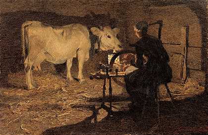 纺纱`Spinning (1891) by Giovanni Segantini